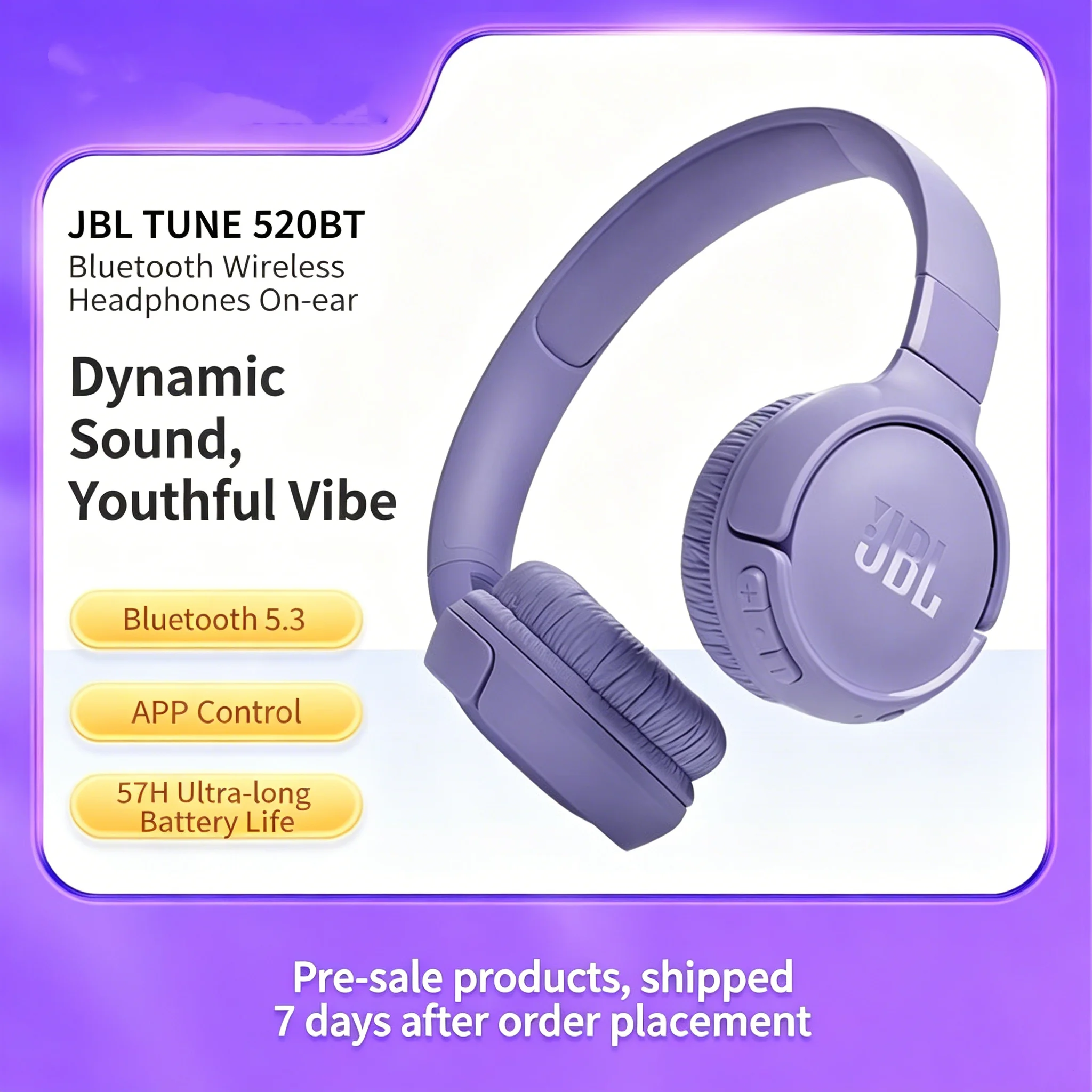 Фото Bluetooth-гарнитура JBL TUNE 520BT, черный/белый/синий/фиолетовый цвета, 57 часов автономной работы, Bluetooth 5.3, мощные басы, складная конструкция. №1