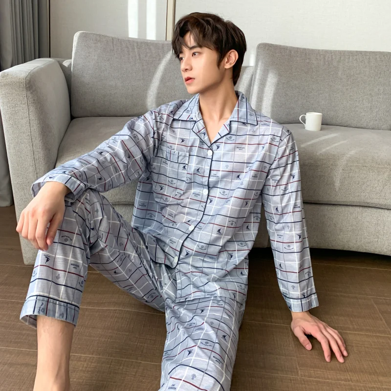 CAIYIER Striped Men Sleepwear Long Sleeve Cardigan Long Pants Nightwear Male Pyjama Autumn Winter Loounge Wear Plus Size 2XL-4XL