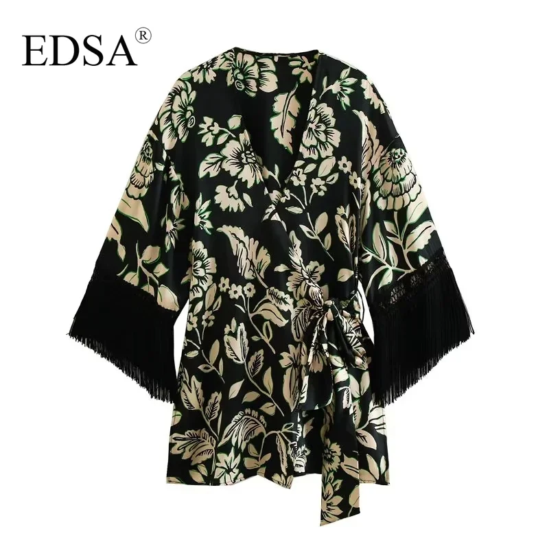 

EDSA Women Fashion Printed Dress Jacket with Fringing Surplice Neckline Long Sleeves and Tie at Hem Outerwear