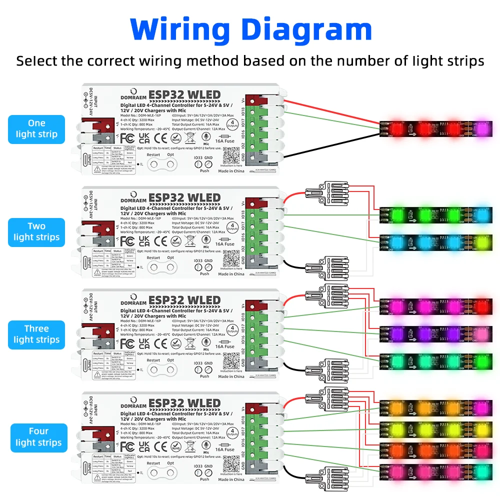 Фото Контроллер DOMRAEM ESP32 WLED, звуковой реактивный микрофон, 4 выхода, 16 А, предохранитель PD 5 В/12 В/20 В постоянного тока 5-24 В для WS281X SK6812 APA102 Pixel Light №4