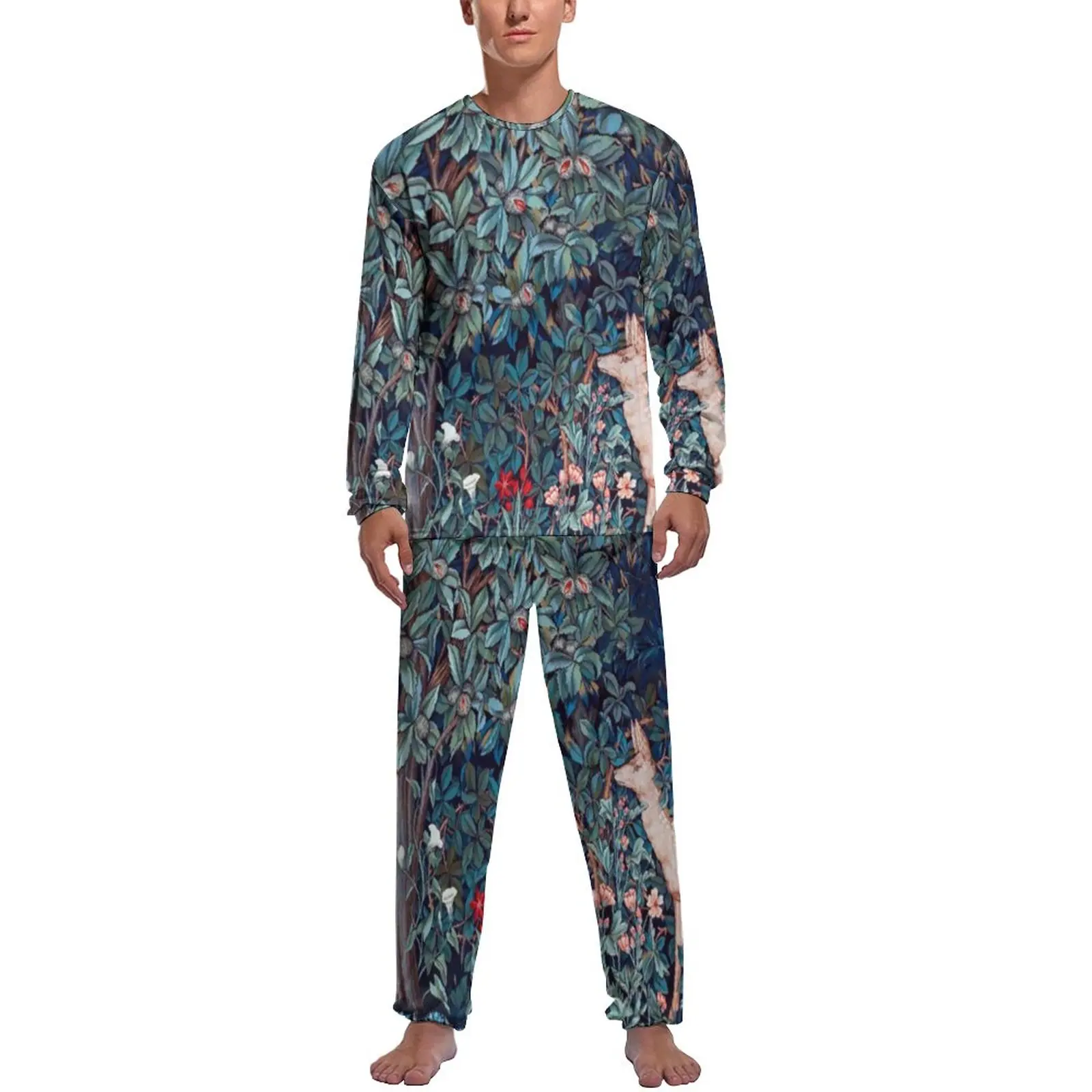 Nature Forest Pajamas Long Sleeves Animal Print 2 Piece Casual Pajama Sets Winter Man Design Cute Sleepwear