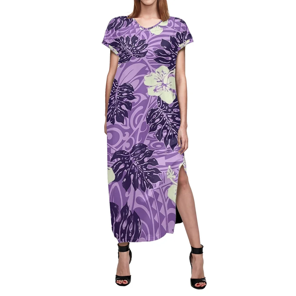 

Женское длинное платье с разрезом, летнее платье с V-образным вырезом и коротким рукавом, платье в полинезийском этническом стиле с принтом ...