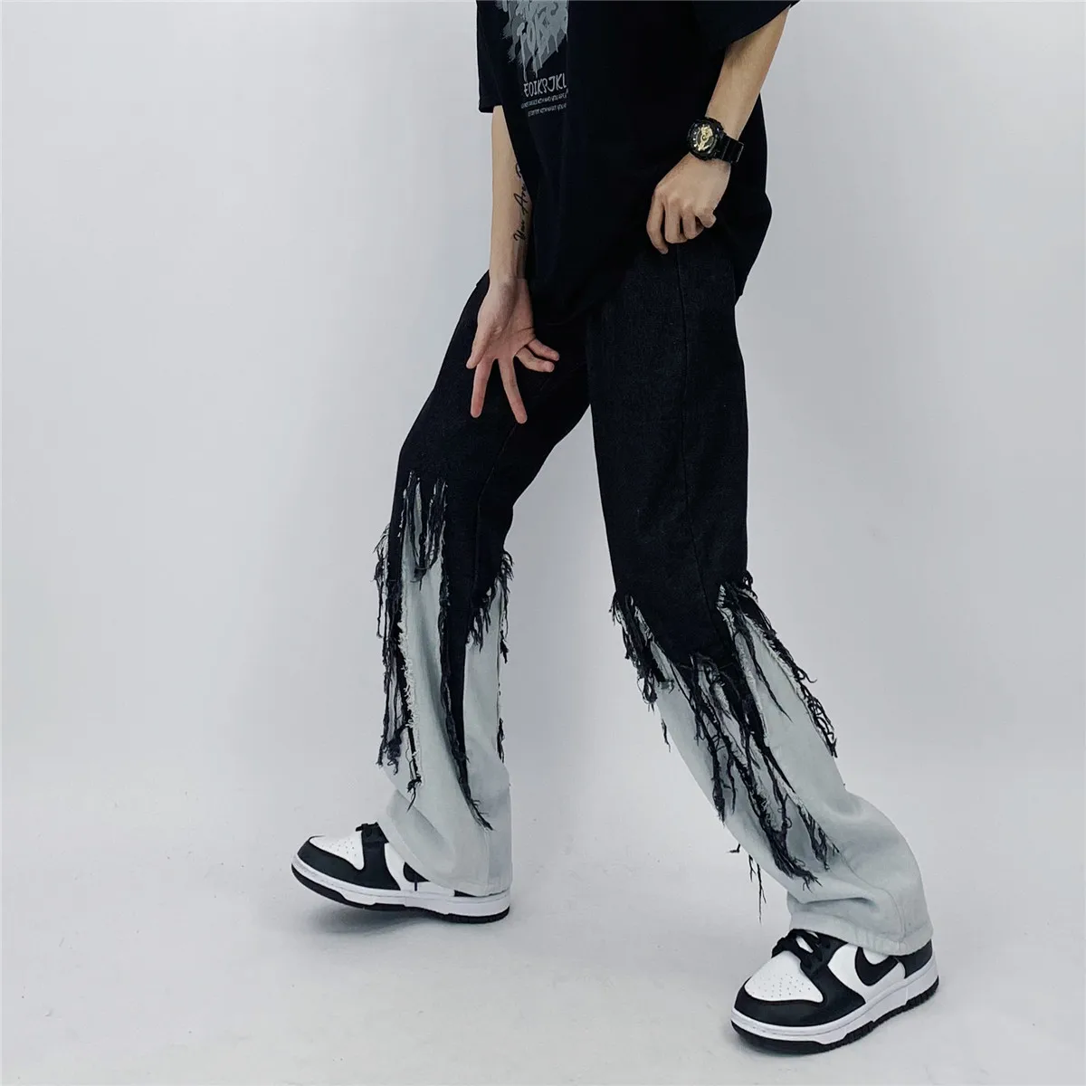 Four Seasons Men's Jeans High Street Hip Hop Contrast Color Tassel Loose Jeans Korean Fashion Jeans Hip Hop Men's Y2k Pants Men