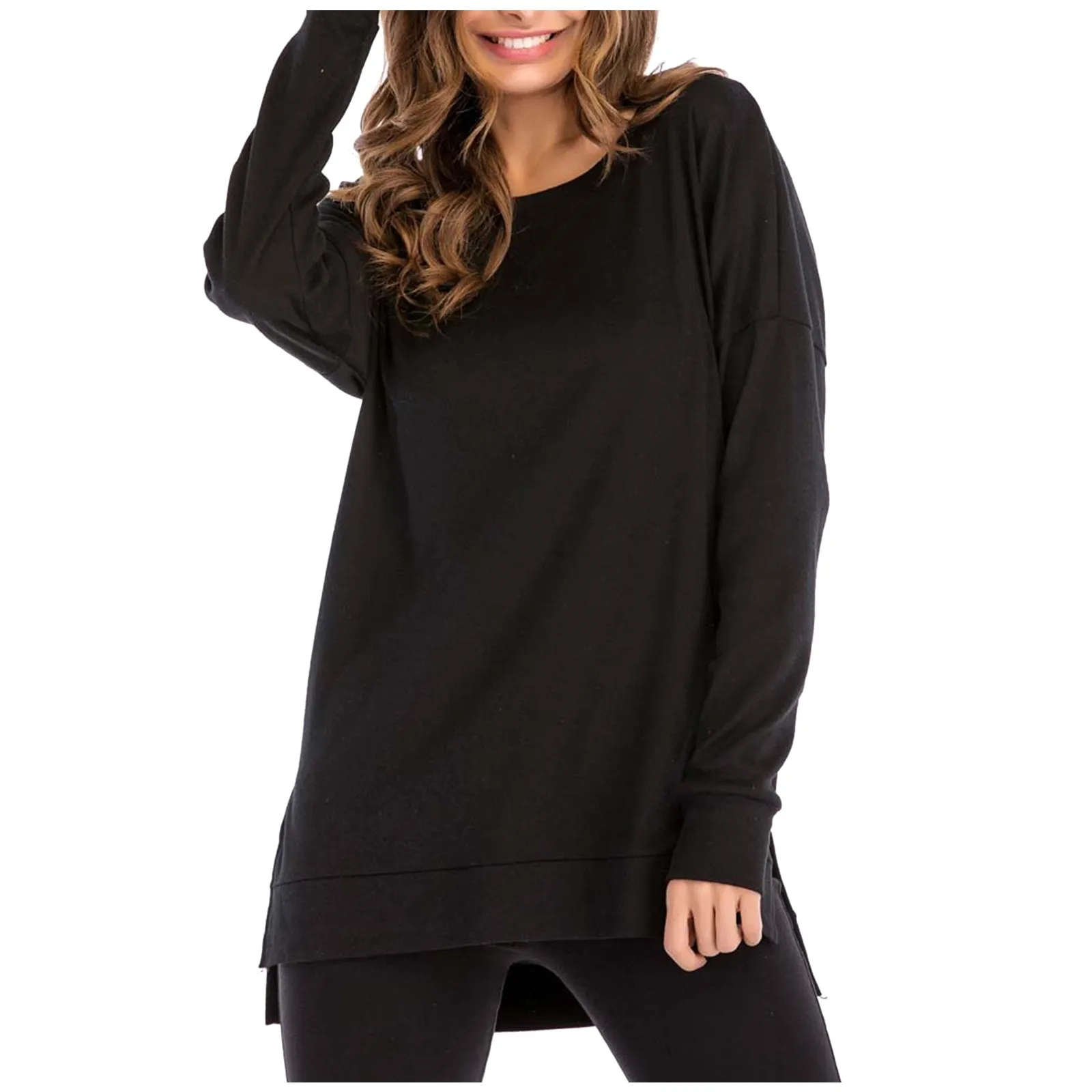 

Женский короткий однотонный пуловер средней длины, с круглым вырезом и длинным рукавом