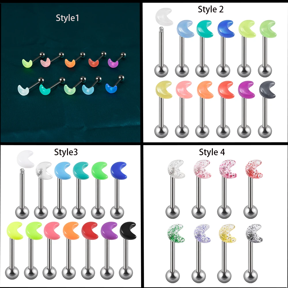 

1Set Stainless Steel Acrylic Mix Moon Color Body Jewelry Simple Tongue Rings Decors Creative Tongue Barbell Piercing Jewelry 14G