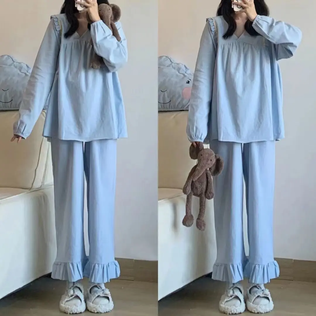 

Женский Пижамный костюм с оборками, модная кружевная одежда для сна, Осенние комплекты с длинным рукавом для женщин, 2 предмета, корейские однотонные брюки Piiama 2023
