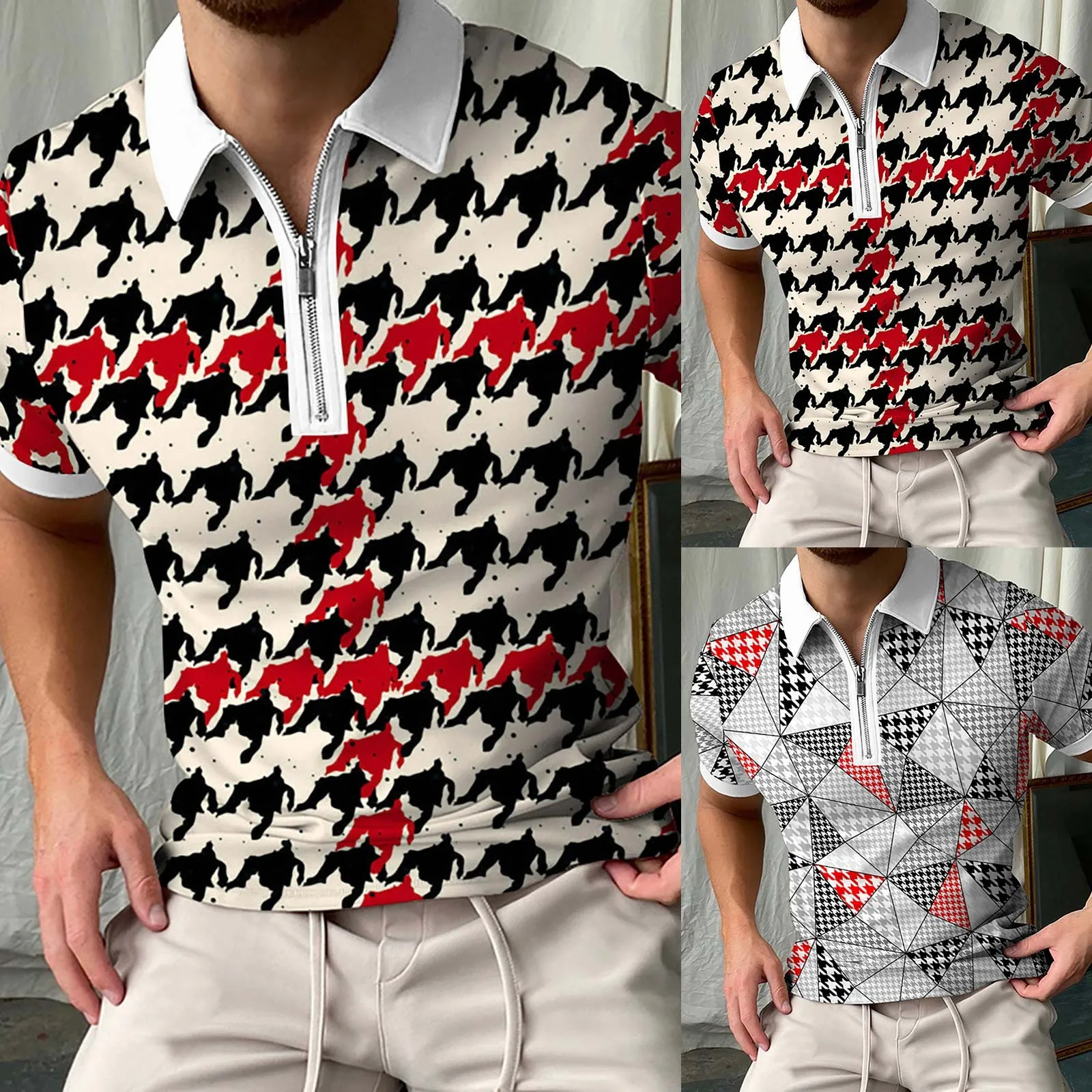 

Houndstooth Zipper Print Men's Summer T-shirt Spring Top Lapel And Short-sleeved Men's blouse Button Shirts Casual White shirt