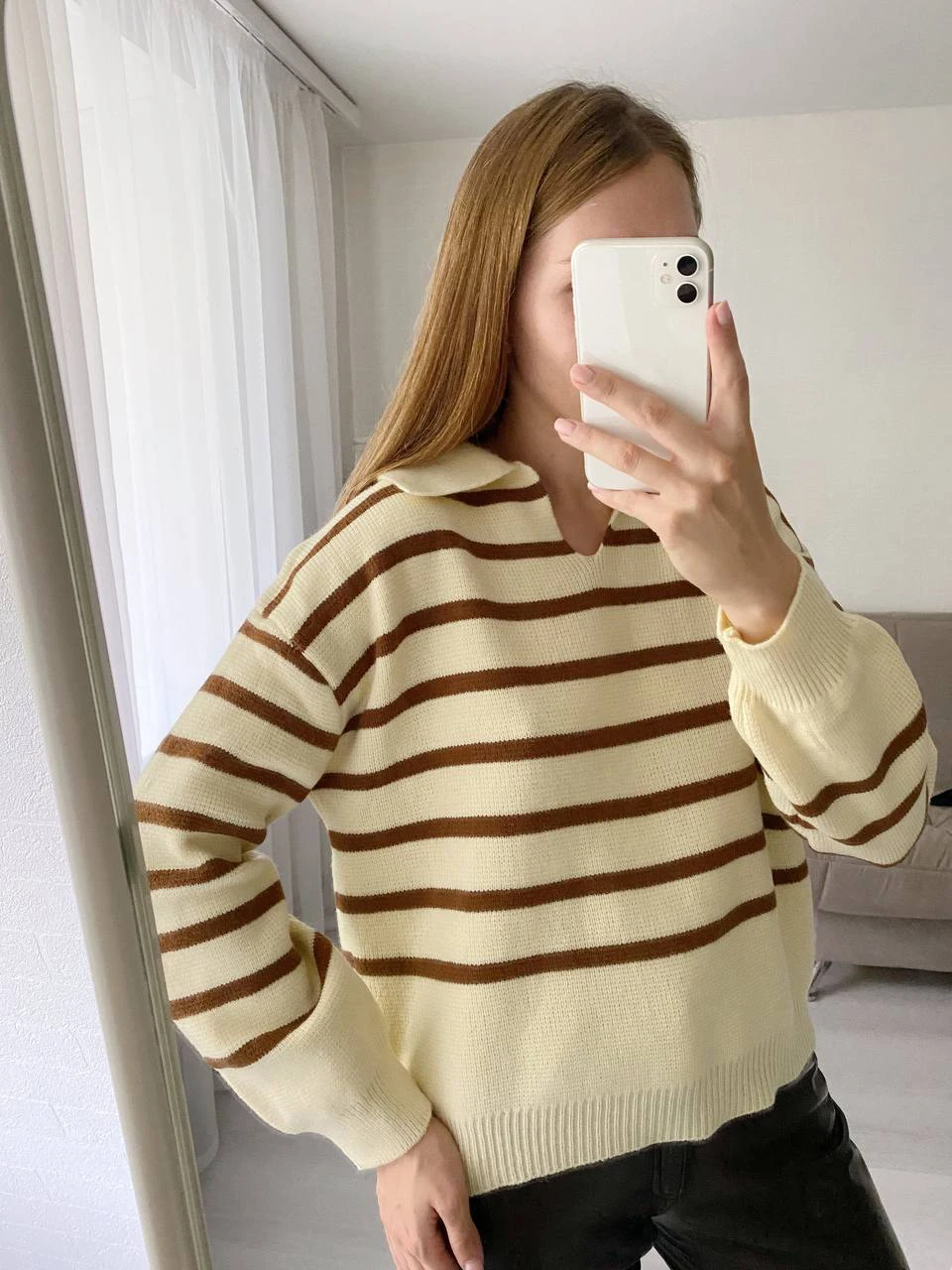 

Polo Knitted Striped Women's Sweater 2023 V Neck Jumper Female Sweater With Collar Oversize Sweater Autumn Winter