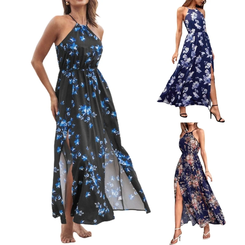 

Женское длинное пляжное платье с завышенной талией и цветочным принтом