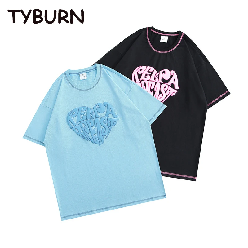 

TYBURN Summer Street Love Printed Cotton Short-Sleeved T-shirt For Men Women Loose Casual O-neck Couple Top