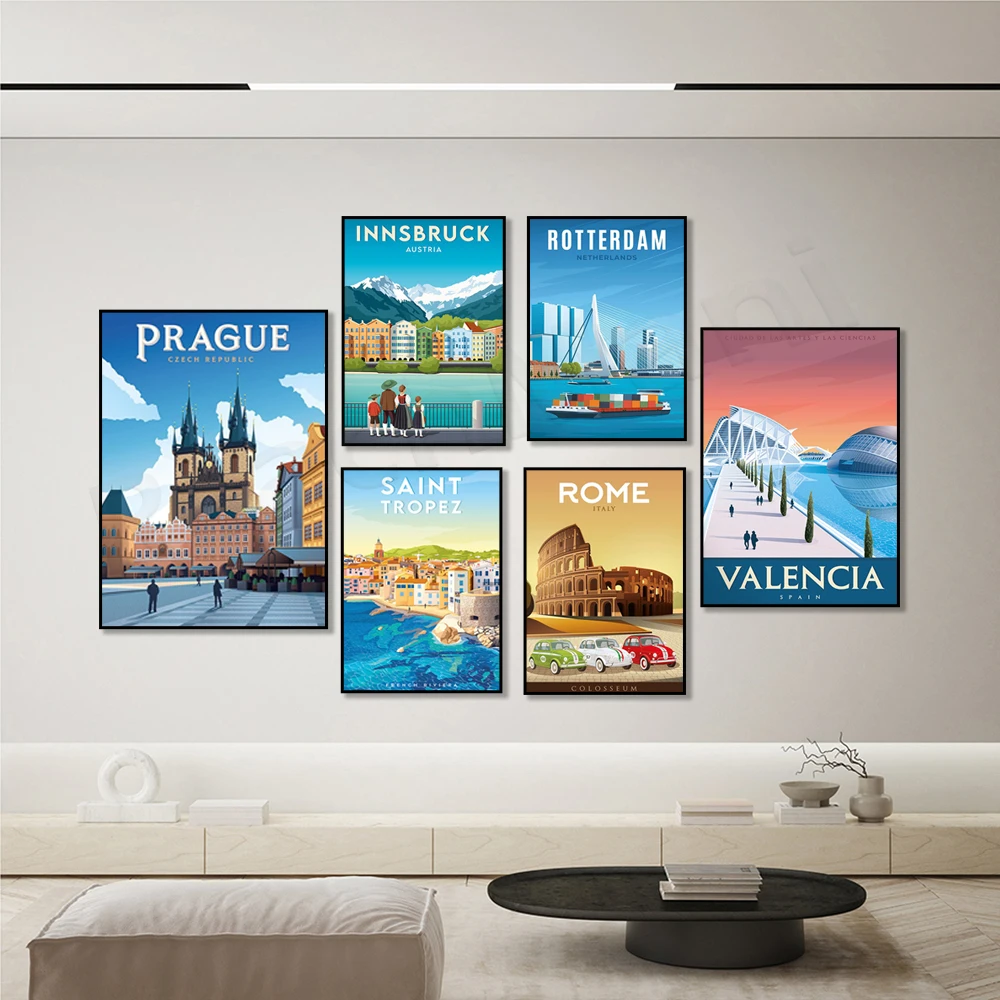 Санторини, алльстатт Австрия, инсбач, Любляна, Италия, Сицилия, Прага, Испания, Нидерланды, Сен-тропе, Франция, постер для путешествий