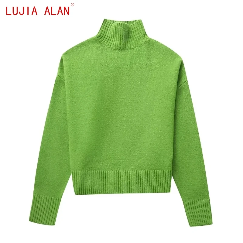 

Autumn New Women Long Sleeve Fruit Green Knitted Sweater Female Turtleneck Pullover Casual Loose Tops LUJIA ALAN SW2677