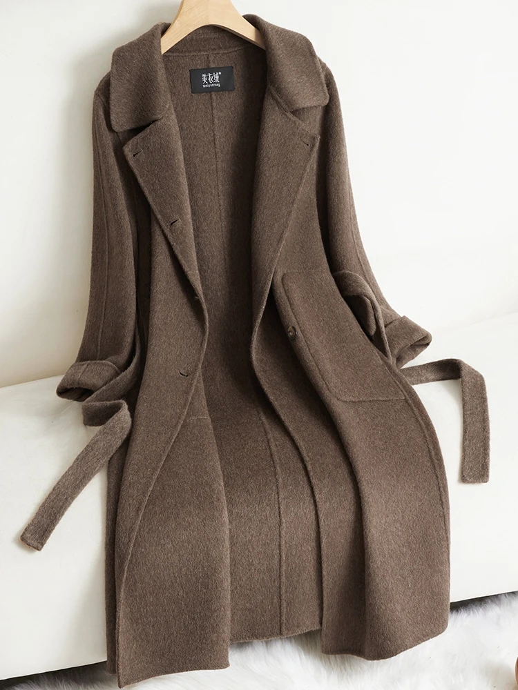 Светло-коричневое двустороннее кашемировое пальто женское длинное выше колена