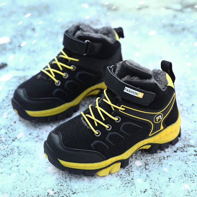 High-top Kids Hiking Boots Warm Plus Fur Winter Boots Non-slip Claw Boys Girls Basket Sneakers Teenager Waterproof Snow Boots