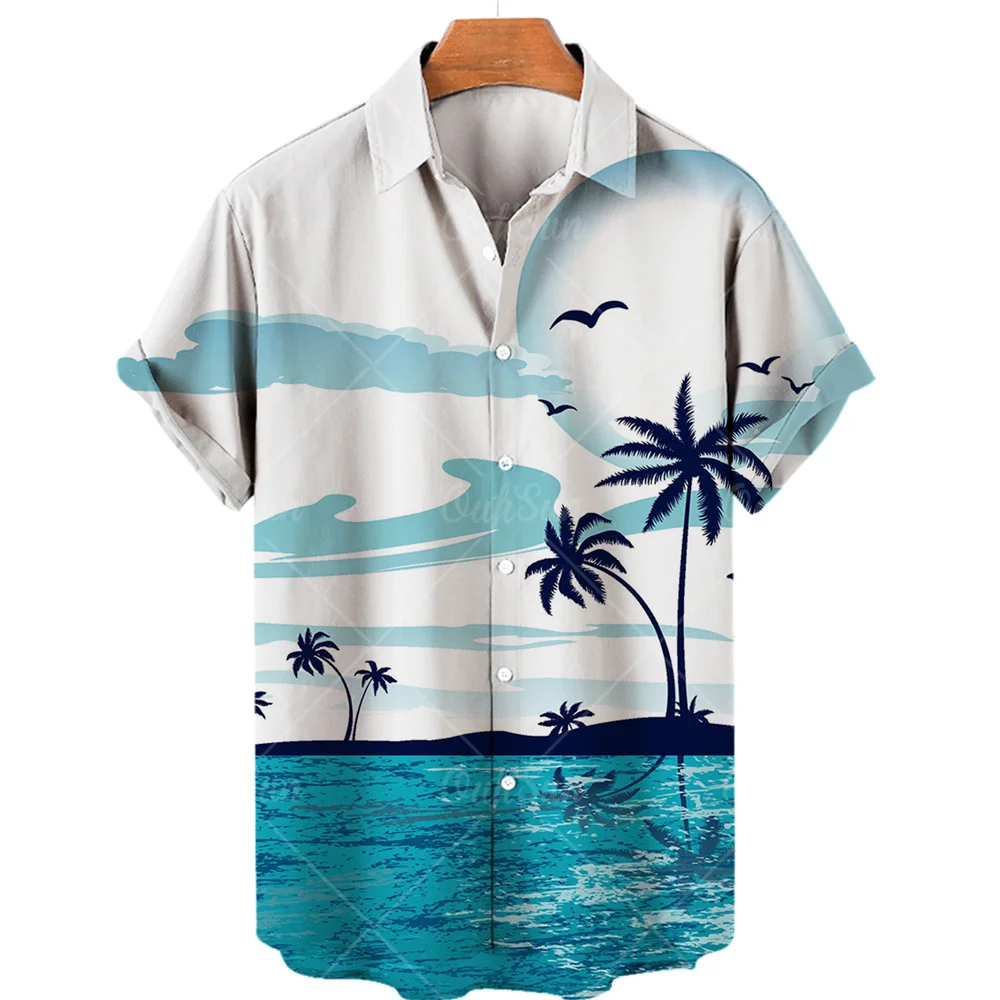 Men's Social Summer Hawaiian Short Sleeve Shirt High Quality Luxury Tops Beach Oversize Printed Coconut Tree Vintage Slim Fit