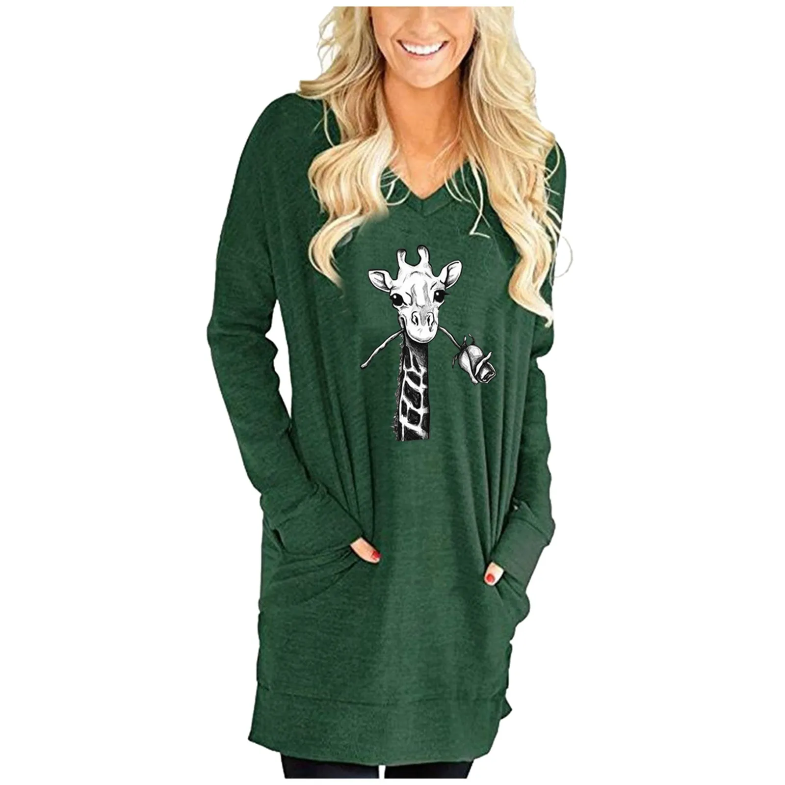 

Loose Long Sleeve Deer With Rose Printed V-Neck Split Pocket T-Shirt Womens Shirts Casual Long Sleeve Long Sleeve Cotton