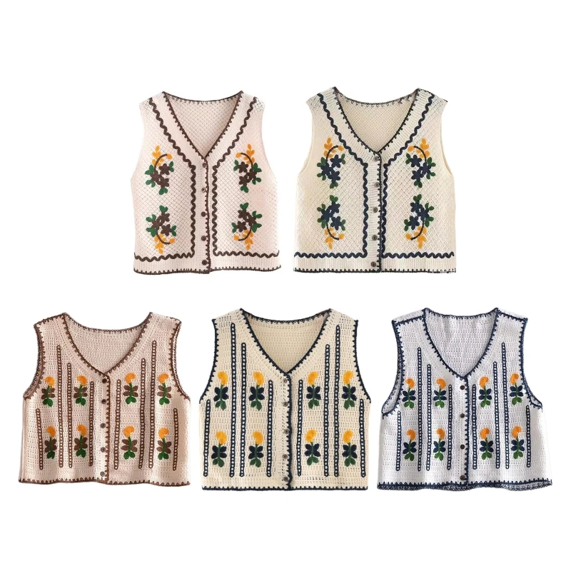 

Женский вязаный крючком жилет L5YA в стиле ретро, Цветочный жилет без рукавов в стиле бохо, укороченный жакет с V-образным вырезом и пуговицами