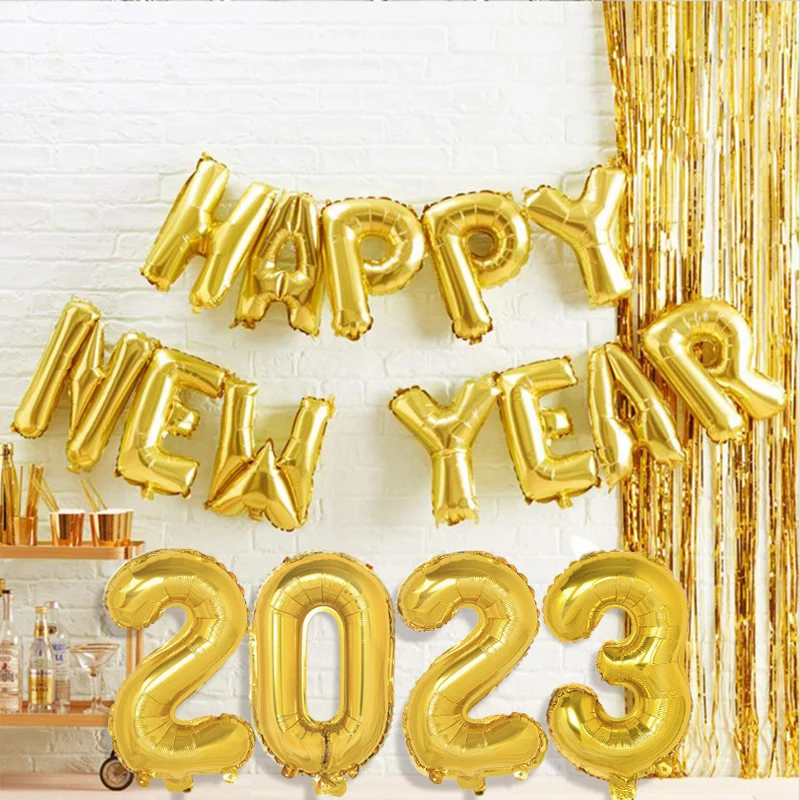 

2023 Happy New Year Gold Silver Aluminum Foil Balloons Merry Christmas Decorations 2023 New Year Eve Party Supplies Navidad Noel