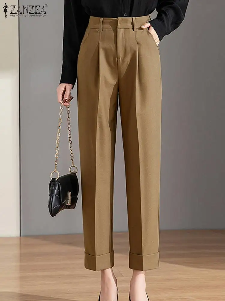 

ZANZEA OL Pleated Trousers Femme 2022 Autumn Pockets High Waist Fashion Cropped Pant Women Casual Elegant Office Wear Pants