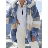 women long sleeve oversized loose warm outerwear 2021 winter coat fashion plush patchwork zipper pocket new hooded jackets lady