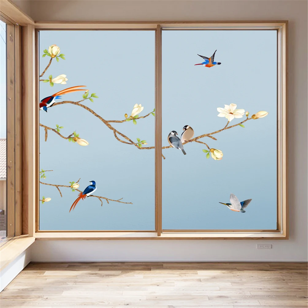 

Windows Privacy Film Decorative Flowers Birds Stained Glass Window Stickers No Glue Static Cling Frosted Windows Film 57