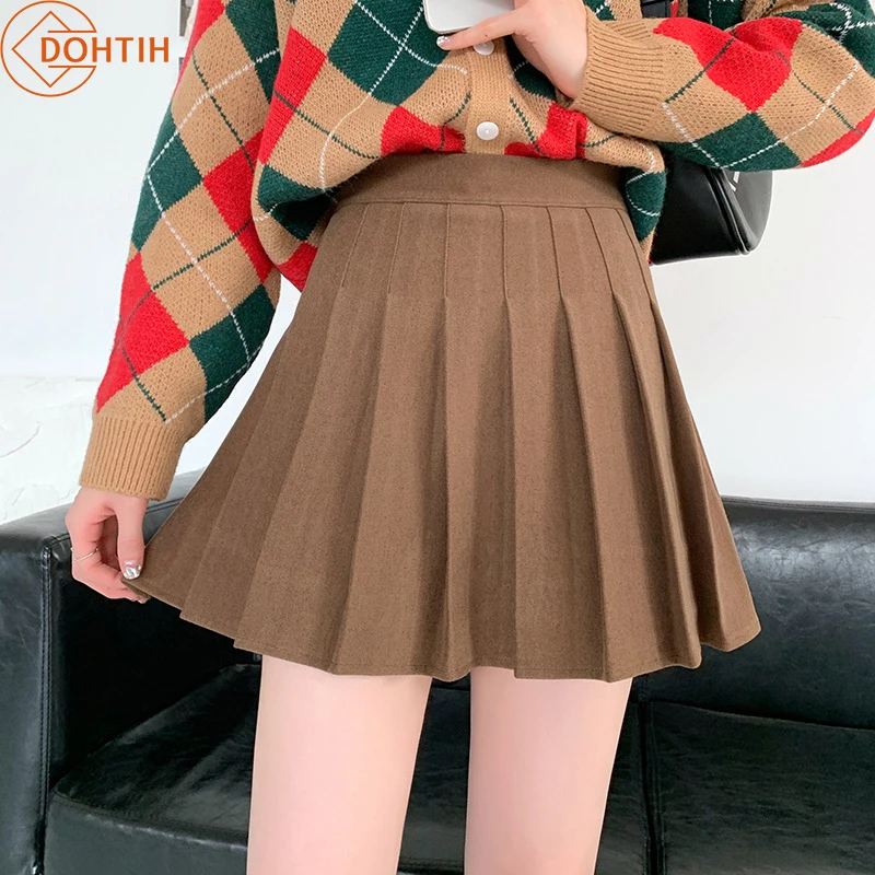 

Women's Korean High-waisted A-skirt Anti-drawing Lining Pleated Skirts Female Y2k Sexy Slim Mini Skirt Sweet Soild Woolen Skirts