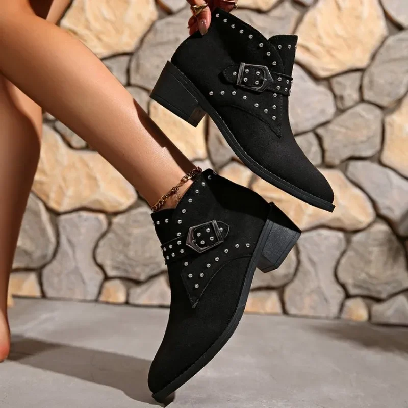 New Winter Brown Pointed Toe Square Heel Comfortable Women's Boots Thick Sole Sexy Elegant Fashion Suede Shoes