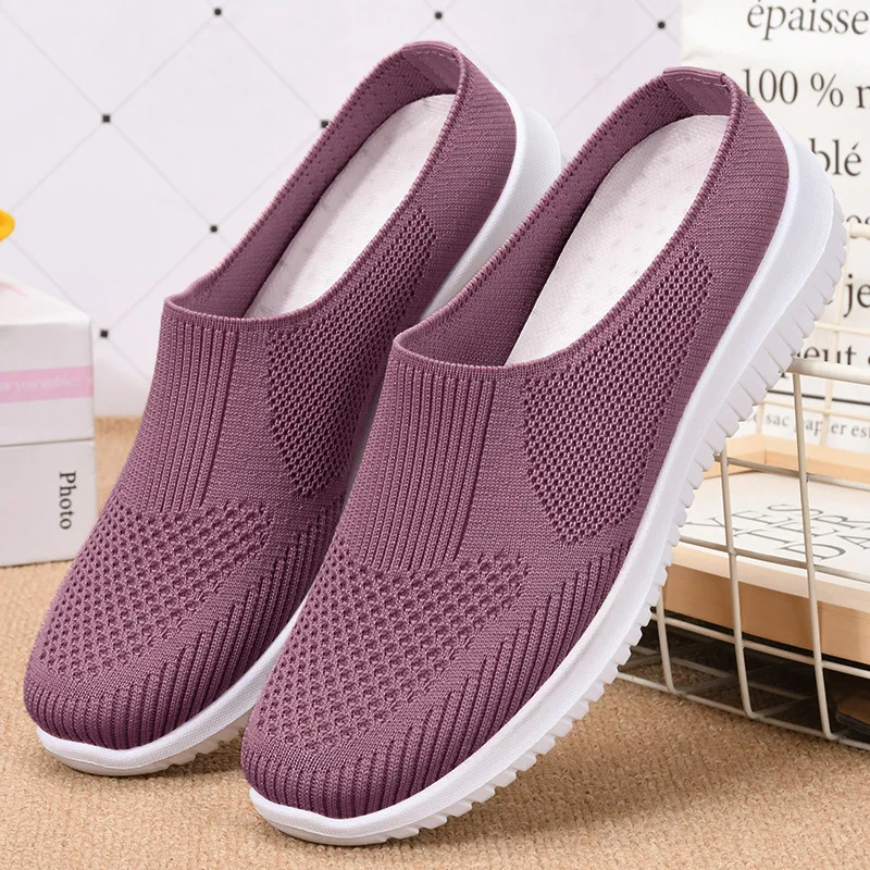 Plus size 41 half loafers women mesh knitted wedge slippers outdoor beathable women's casual open back flats
