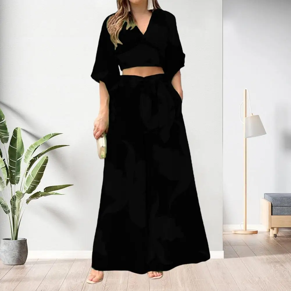

2Pcs/Set V-Neck Half Sleeve High Waist Pockets Casual Outfit Office Lady Floral Print Crop Top Wide Leg Pants Set Streetwear