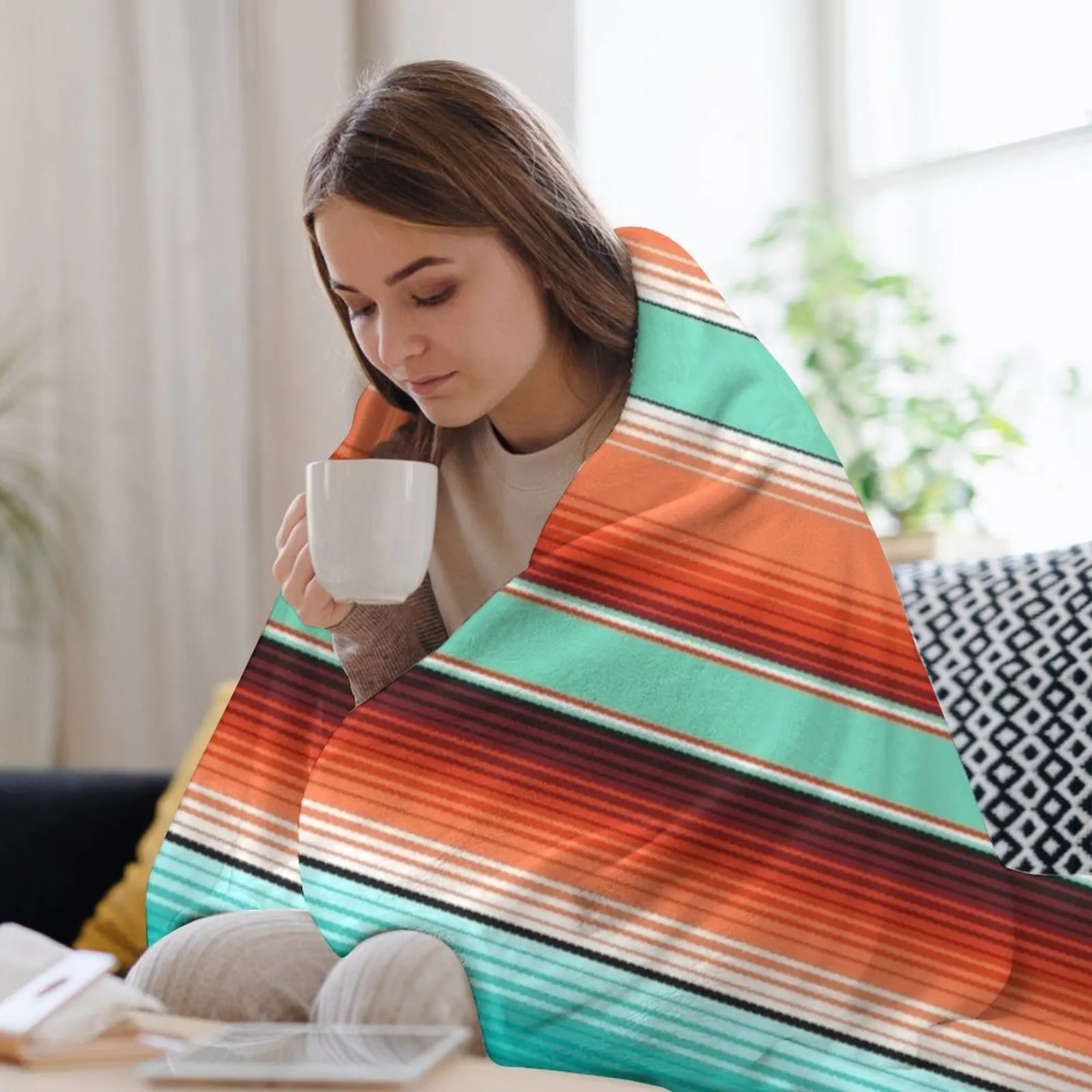Бирюзовое бирюзовое и оранжевое одеяло Southwest Serape в полоску тонкое декоративное