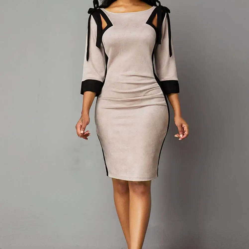 

Hollow Out Sheath Lady Dress Elegant Round Neck Split Dress Three Quarter Sleeve Autumn Dress Zipper Fly Slim Dress for Party