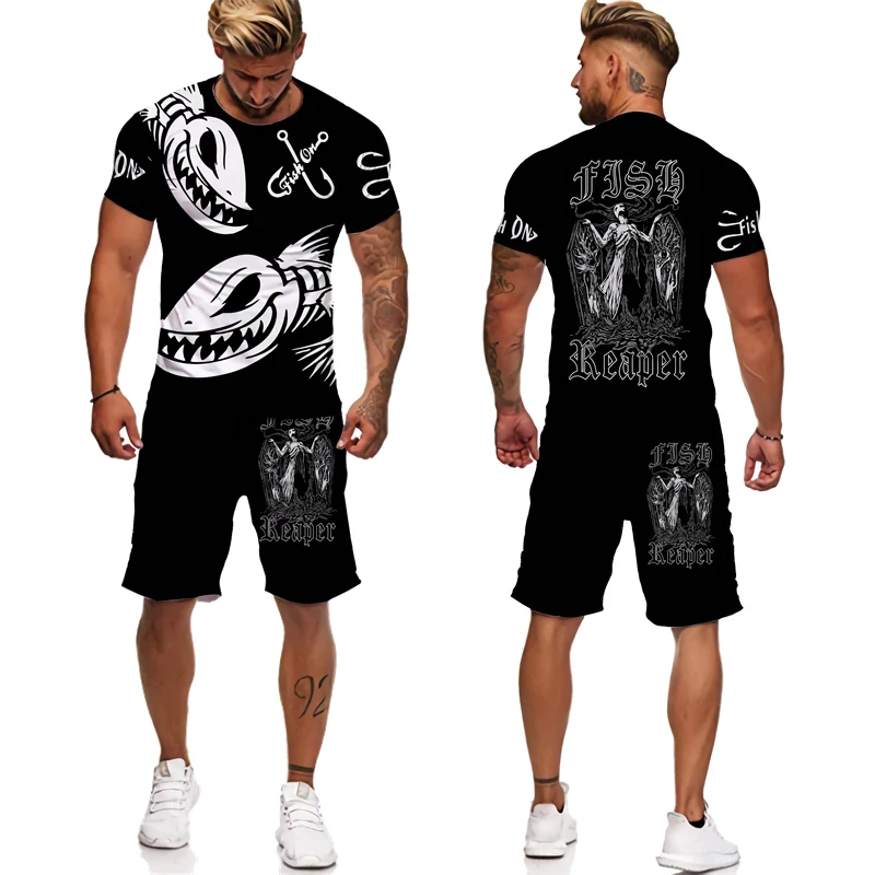 2023 summer new men's camouflage animal fish pattern 3D printing men's T-shirt / shorts / suit men's Harajuku fashion T-shirt su