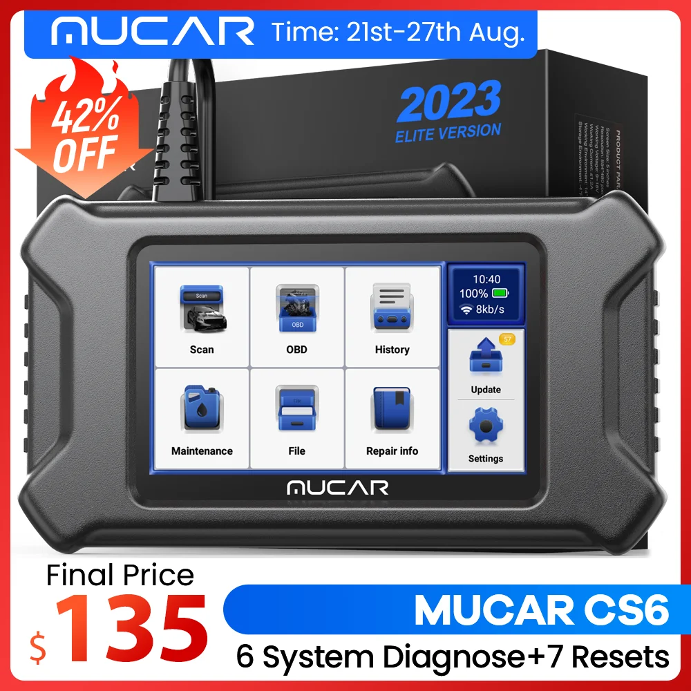 

Mucar CS6 OBD2 Scanner Car Diagnostic Tool with 6 System Scan 7 Reset Service Free Update ABS SRS Engine EPB SAS TBA Reset Tool