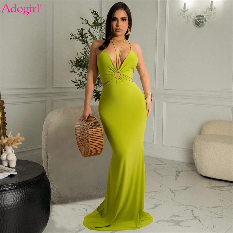 

Adogirl Solid Summer Maxi Party Dress Women Sexy Round Circle Straps Backless Bodycon Long Robe Female Vocation Beach Outfits