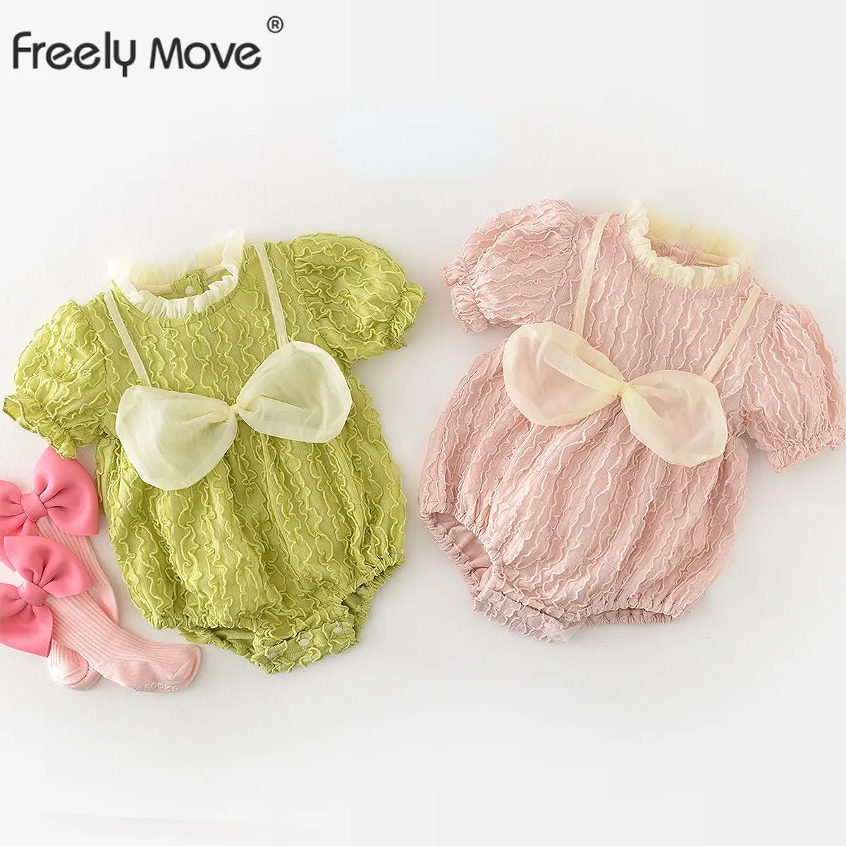 

Комбинезон для новорожденных девочек, комбинезон с большим бантом и оборками, с коротким рукавом, детская одежда, весна-лето