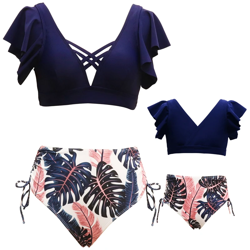 

V-neck Mother Daughter Matching Swimsuits Family Set Ruffled Sleeve Mommy and Me Bikini Dress Clothes Leaf Woman Girls Swimwear