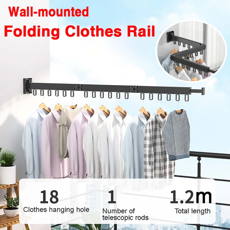 

Wall Mount Retractable Hanger Clothes Rack Foldable 3 rod With Hook Drying Rack Indoor Outdoor Space Save Home Hotel Clothesline