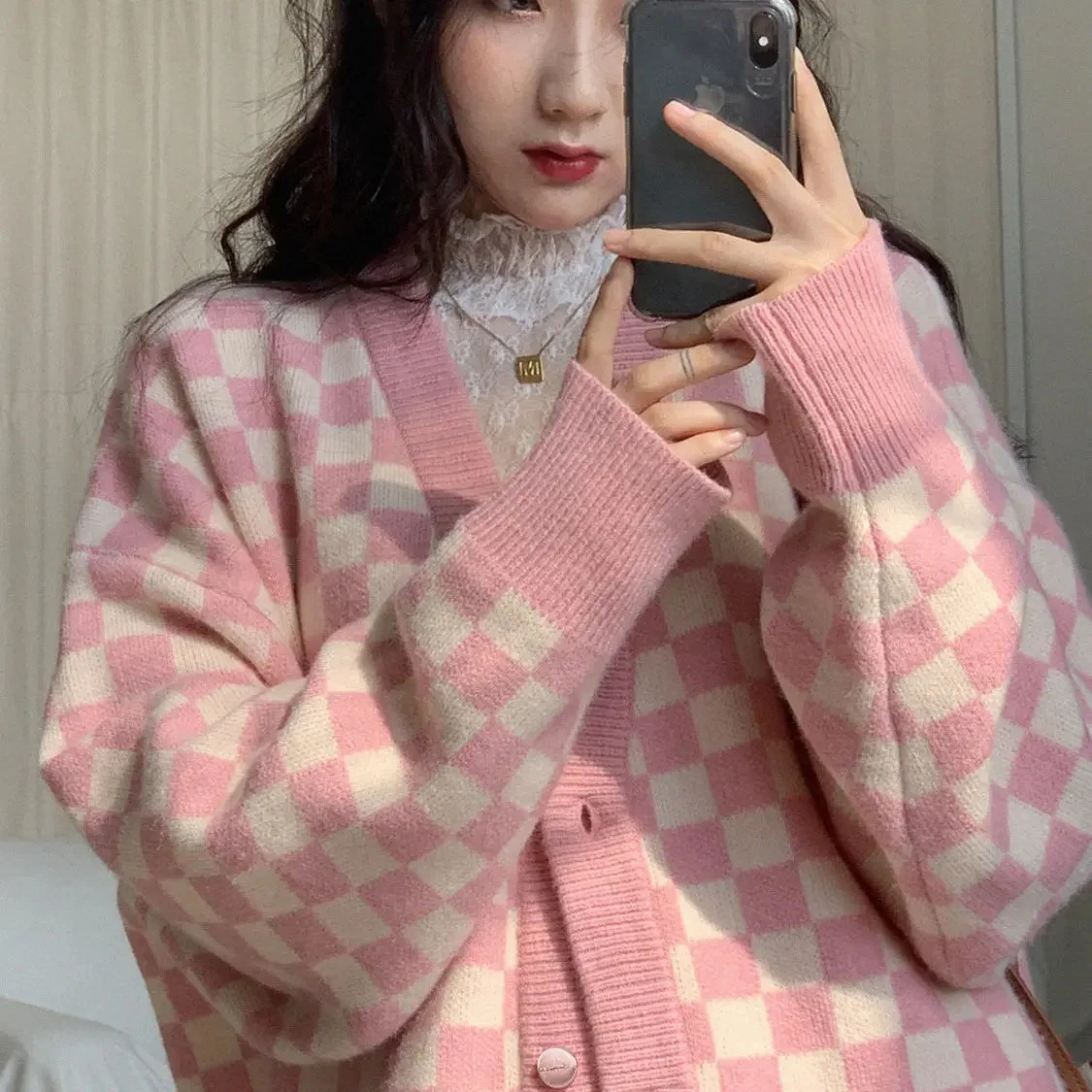 

Кардиган в шахматную клетку, Женский вязаный свитер с длинным рукавом, женские корейские розовые свитера, кардиган, Женская куртка на пуговицах