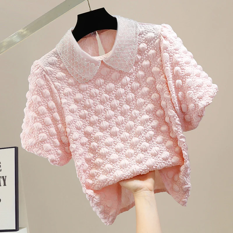 

2022 New Summer Blouse Top Female Shirt Heavy Industry Beaded Sweet Mesh Doll Collar Shirt Women's Pink Blouses Top Blusas Femme