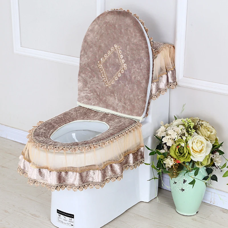 

3PCS Velvet Skirt Style Toilet Mat Embroidered Lace Decorated Toilet Seat Mat Printed Dust Cover of Toilet Closestool