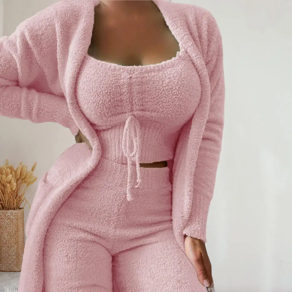 

3 Pcs/Set Chic Thermal High Waist Women Pajamas Set Long Coat Coat Tops Pants Suit for Home Wear Autumn Pajamas Set
