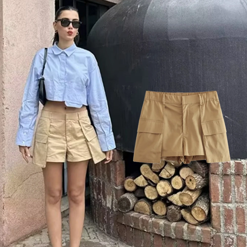 Dave&Di Ins Fashion Blogger High Street Sexy  Shorts High Waist Pocket Cargo  Bermuda Khaki Retro Culottes Women