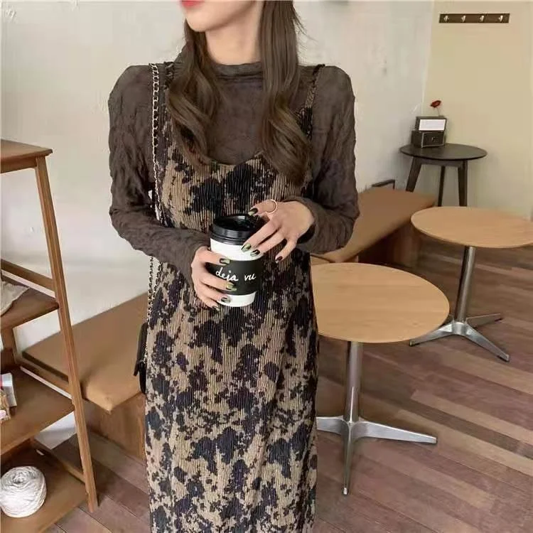 

French Elegant Retro Temperament V-Neck Tie Dye A-line Sleeveless Dresses Women Autumn Dress Empire Female Vestidos