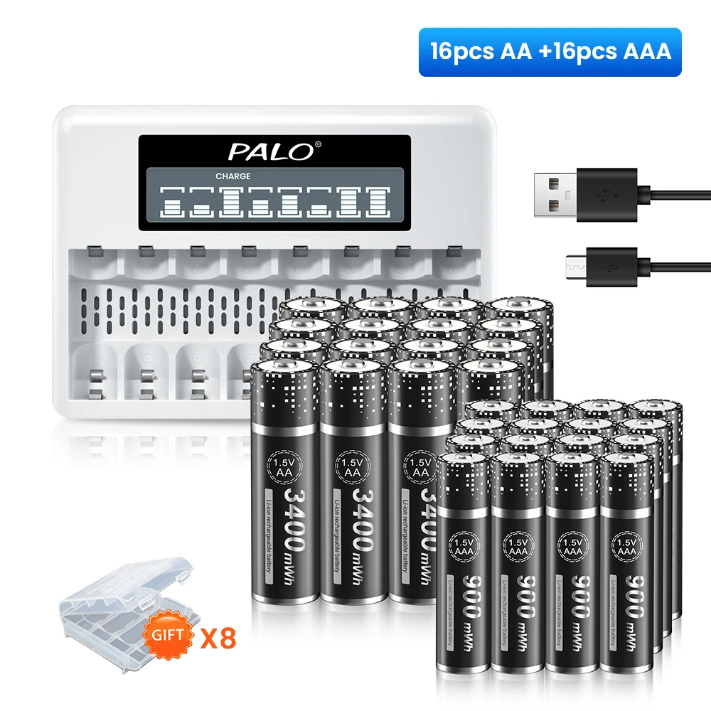 

PALO 1.5V AA + AAA Li-ion Rechargeable Battery 2A 3400mWh 3A 900mWh 1.5V Lithium Rechargeable Battery Bateria 1.5V AA + AAA