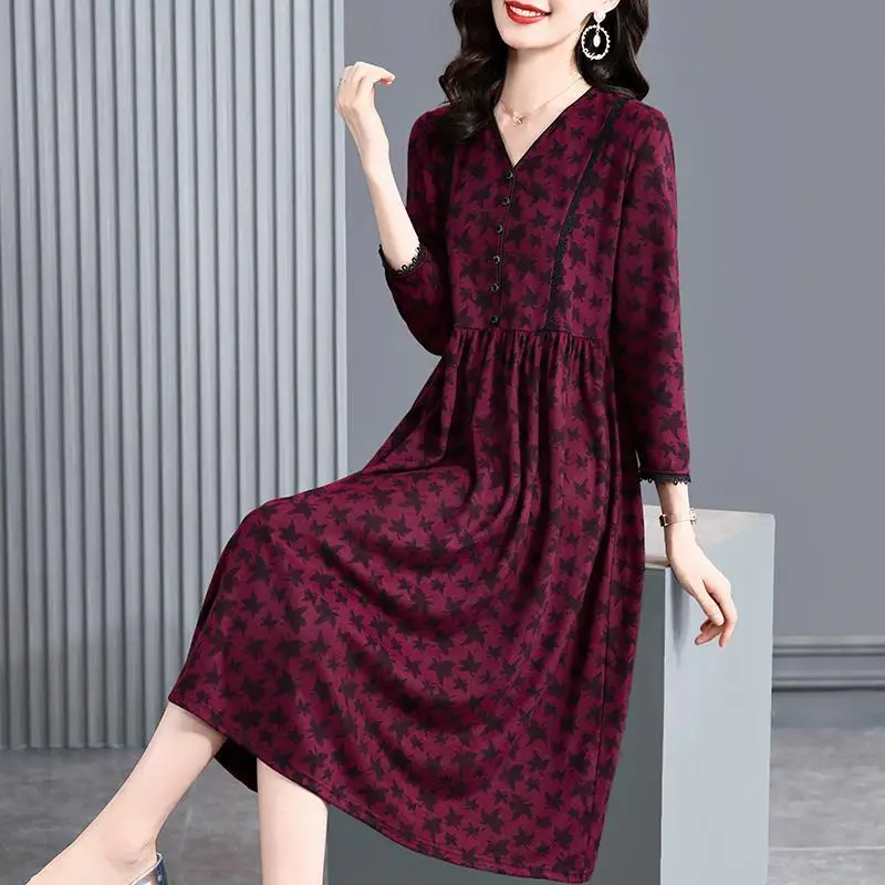 Dresses for Women Female Print Loose V-neck Long Sleeve Midi Calf Office Lady Casual A Line Pullover Spring Summer Vestidos M654