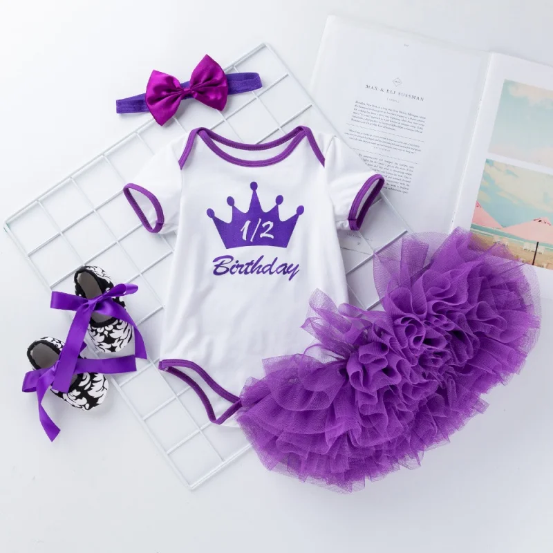 

4PCSBaby Girl Tutu Dress Sets My 1st Birthday Toddler Romper Tops + Tulle Skirt Party Infant Print Clothing Newborn Dresses Set
