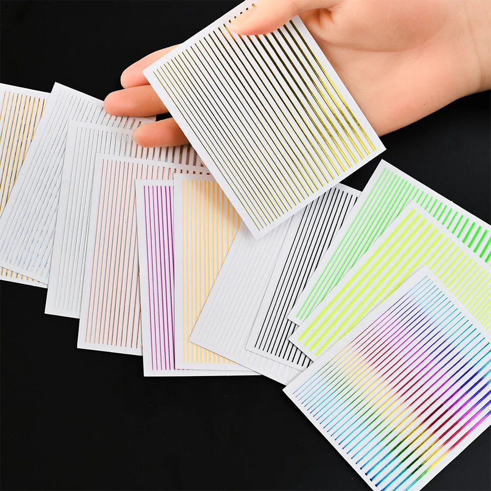 

Gold Silver Geometric Lines Stripe 3D Nail Sticker Set Waved Star Heart Self Adhesive Black Slider Paper Nail Art Decal