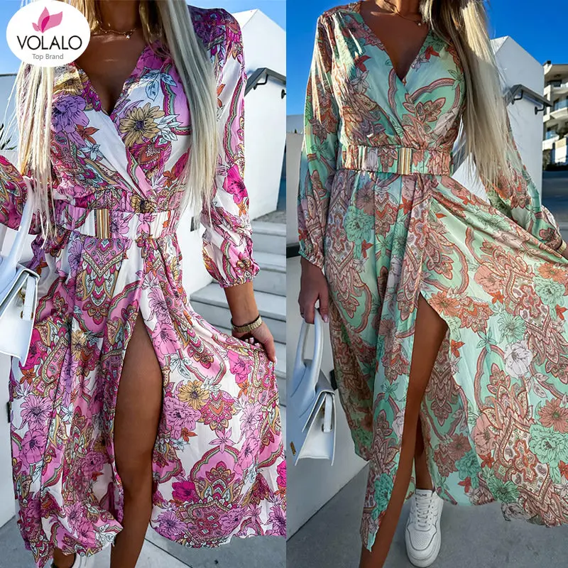 Женское платье с длинным рукавом V-образным вырезом и поясом