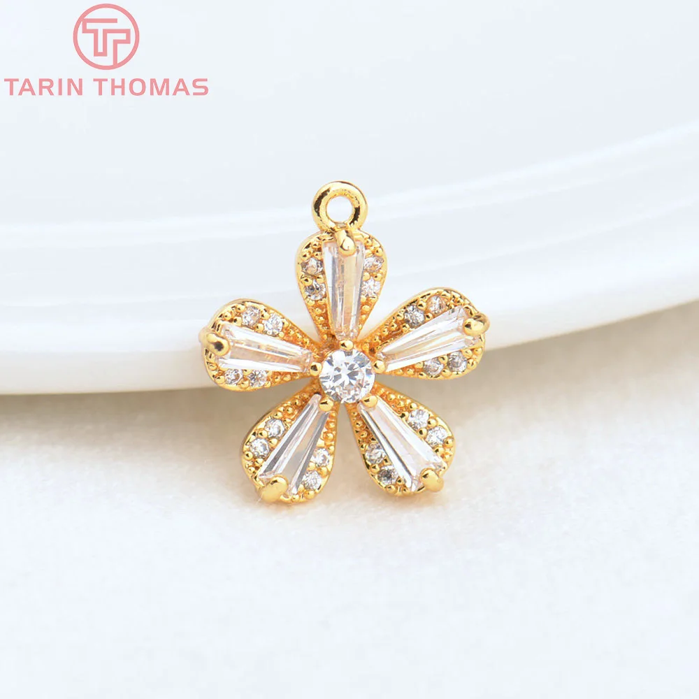 

Латунные подвески с цветком из циркония, отверстие 1 мм, 24 К, 4 шт.