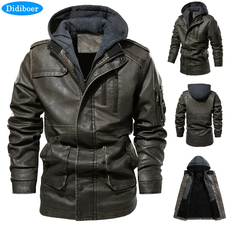 Didiboer New Autumn Winter Long Hooded Coat Men Motorcycle Riding Leather Jacket Plus Size Comfortable Faux Leather Windbreaker